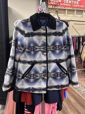 Pendleton 100% Virgin Wool western Aztec button up coat jacket blue white black
